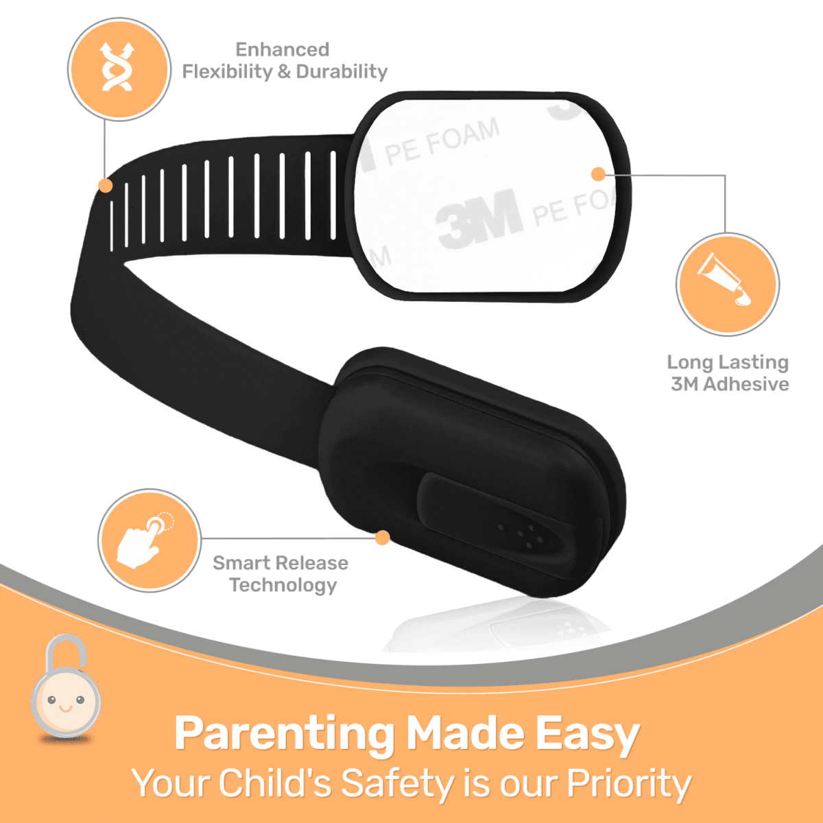 Baby Proof Me Safety Strap Locks – 12-Pack, 3M Adhesive Child Safety Latches for Cabinets, Dishwashers, Fridges, Ovens, Trash Cans, and Toilets – Stain-Free Design