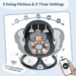 Baby Swing for Infants, Caveen Electric Bluetooth Baby Rocker, 5 Swing Speeds, 3 Seat Positions, Adapter & Battery Operated, Black