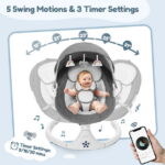 Baby Swing for Infants, Caveen Electric Bluetooth Baby Rocker, 5 Swing Speeds, 3 Seat Positions, Adapter & Battery Operated, Gray