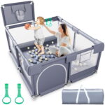 Babyeap Baby Playpen, Play Yard, Toddlers Playards, 50"x50" Infant Travel Fence with Basket, Gray