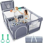 Babyeap Baby Playpen, Play Yard, Toddlers Playards, 50"x50" Infant Travel Fence with Basket, Gray