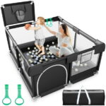 Babyeap Baby Playpen, Play Yard, Toddlers Playards, 50"x50" Infant Travel Fence with Basket, Gray
