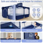Babyeap Baby Playpen, Play Yard, Toddlers Playards, 50"x50" Infant Travel Fence with Basket, Blue