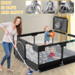 Babyeap Baby Playpen, Play Yard, Toddlers Playards, 50"x50" Infant Travel Fence with Basket, Black