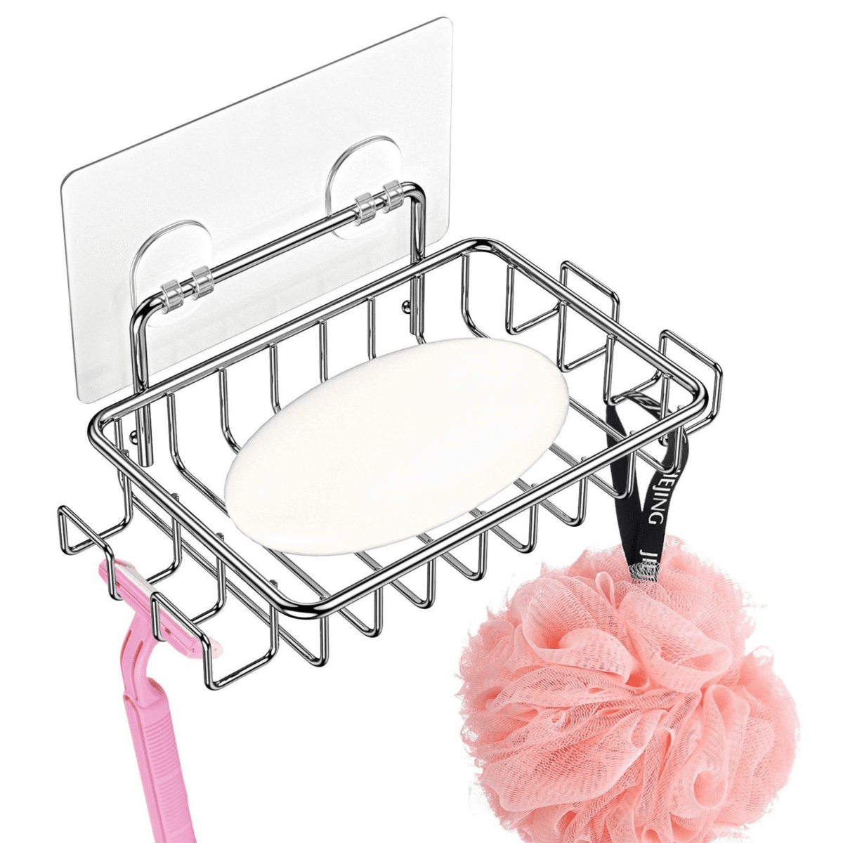 Bar Soap Holder for Shower Wall with 4 Hooks, Stainless Steel Adhesive Soap Dish for Bathroom, Silver
