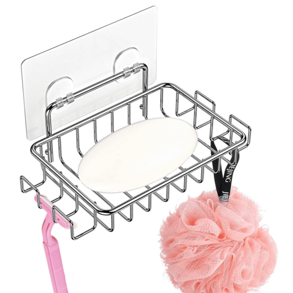 Bar Soap Holder for Shower Wall with 4 Hooks, Stainless Steel Adhesive Soap Dish for Bathroom, Silver