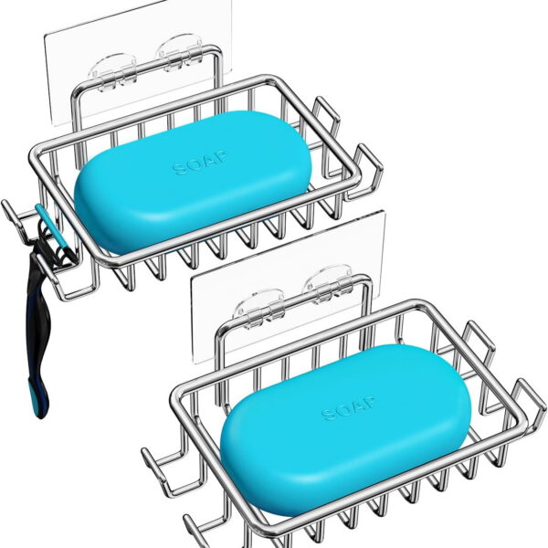 Bar Soap Holder for Shower Wall with Hooks, Stainless Steel Adhesive Soap Dish for Bathroom
