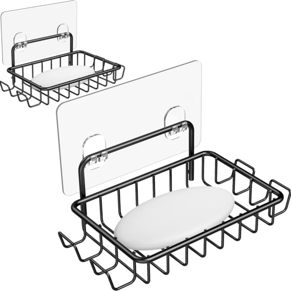 Bar Soap Holder for Shower Wall with Hooks, Stainless Steel Adhesive Soap Dish for Bathroom