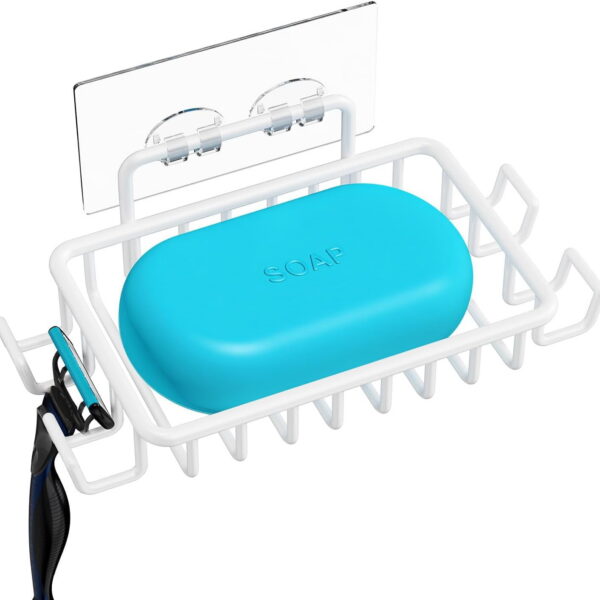 Bar Soap Holder for Shower Wall with Hooks, Stainless Steel Adhesive Soap Dish for Bathroom