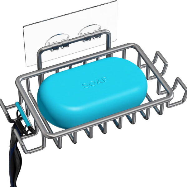 Bar Soap Holder for Shower Wall with Hooks, Stainless Steel Adhesive Soap Dish for Bathroom