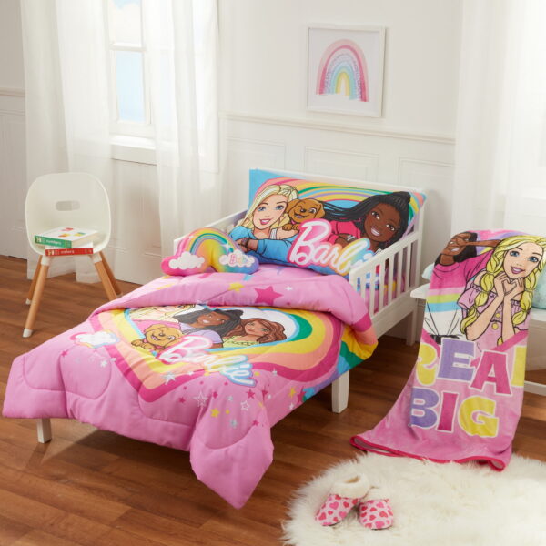 Barbie Toddler Bedding, 5Pc Set, Comforter, Sheet, Pillowcase, Throw, Pillow
