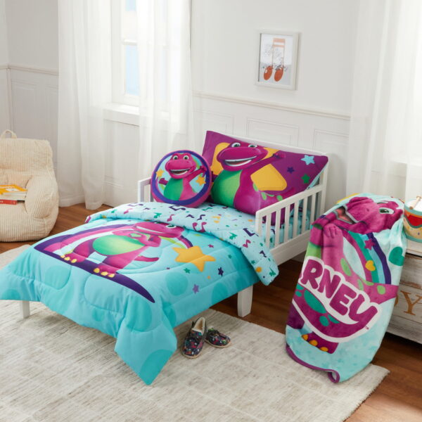 Barney Toddler Bedding, 5Pc Set, Comforter, Sheet, Pillowcase, Throw, Pillow