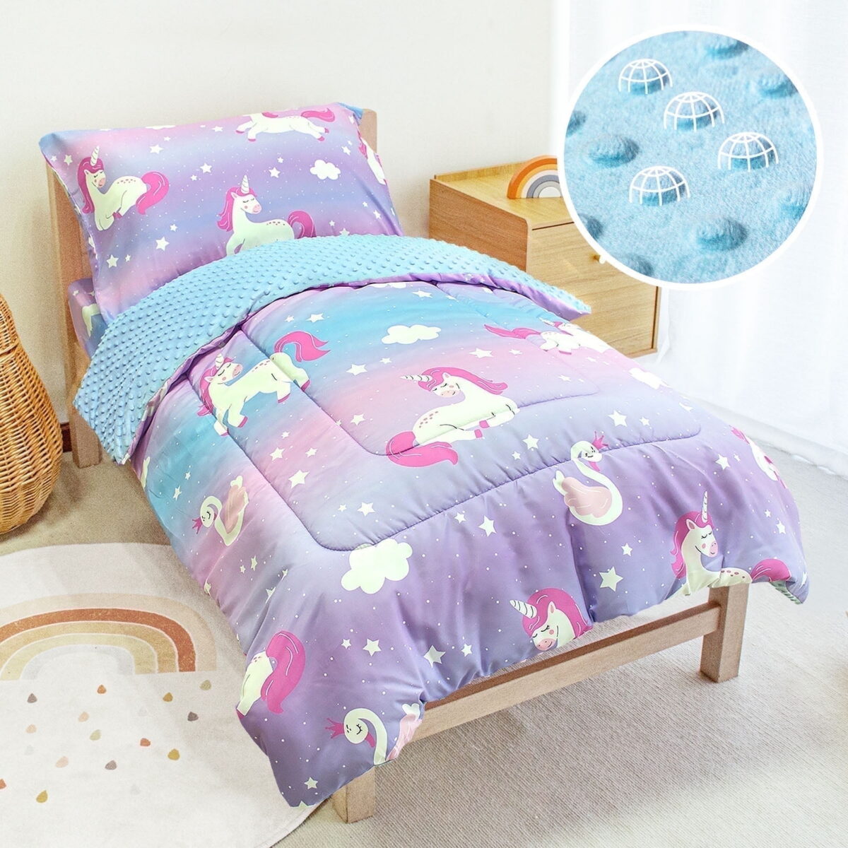 Beavtaens 4 Piece Toddler Bedding Set, Breathable and Soft Baby Sheet Set, Includes Quilted Comforter, Flat Sheet, Fitted Sheet and Pillowcase for Girls (Purple Unicorn)