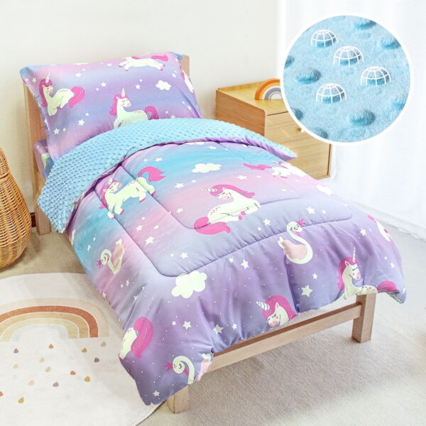 Beavtaens 4 Piece Toddler Bedding Set, Breathable and Soft Baby Sheet Set, Includes Quilted Comforter, Flat Sheet, Fitted Sheet and Pillowcase for Girls (Purple Unicorn)