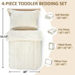 Beavtaens 4 Piece Toddler Bedding Set, Breathable and Soft Baby Sheet Set, Includes Quilted Comforter, Flat Sheet, Fitted Sheet and Pillowcase for Boys and Girls (White)