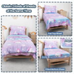 Beavtaens 4 Piece Toddler Bedding Set, Breathable and Soft Baby Sheet Set, Includes Quilted Comforter, Flat Sheet, Fitted Sheet and Pillowcase for Girls (Purple Unicorn)