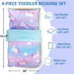 Beavtaens 4 Piece Toddler Bedding Set, Breathable and Soft Baby Sheet Set, Includes Quilted Comforter, Flat Sheet, Fitted Sheet and Pillowcase for Girls (Purple Unicorn)