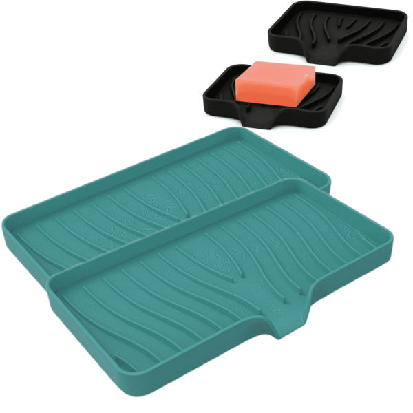 Bxaolu Silicone Soap Holder- Soap Dish with Drainage Perfect for Kitchen Counter, Scrub Holder, Sink Organizer,Soap Dishes,Sponge,Dispenser,bar Shower soap,Sink Tray(Green-L,2PCS)