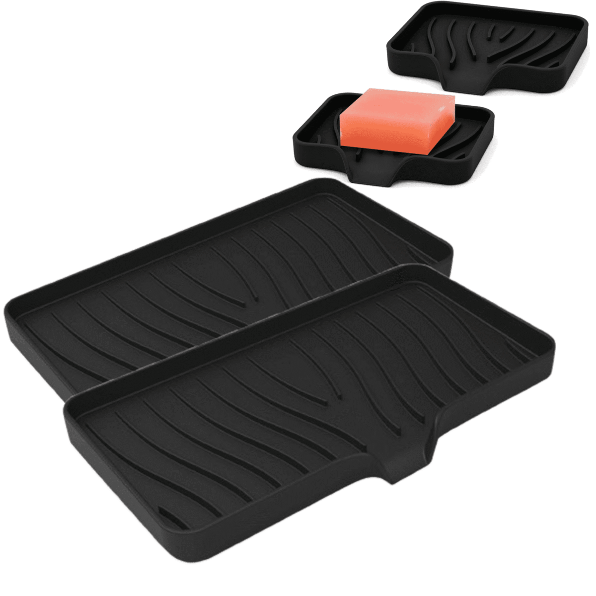 Bxaolu Silicone Soap Holder- Soap Dish with Drainage Perfect for Kitchen Counter, Scrub Holder, Sink Organizer,Soap Dishes,Sponge,Dispenser,bar Shower soap,Sink Tray(Black-L,2PCS)