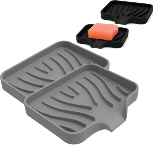 Bxaolu Silicone Soap Holder- Soap Dish with Drainage Perfect for Kitchen Counter, Scrub Holder, Sink Organizer,Soap Dishes,Sponge,Dispenser,bar Shower soap,Sink Tray(Gray-S,2PCS)