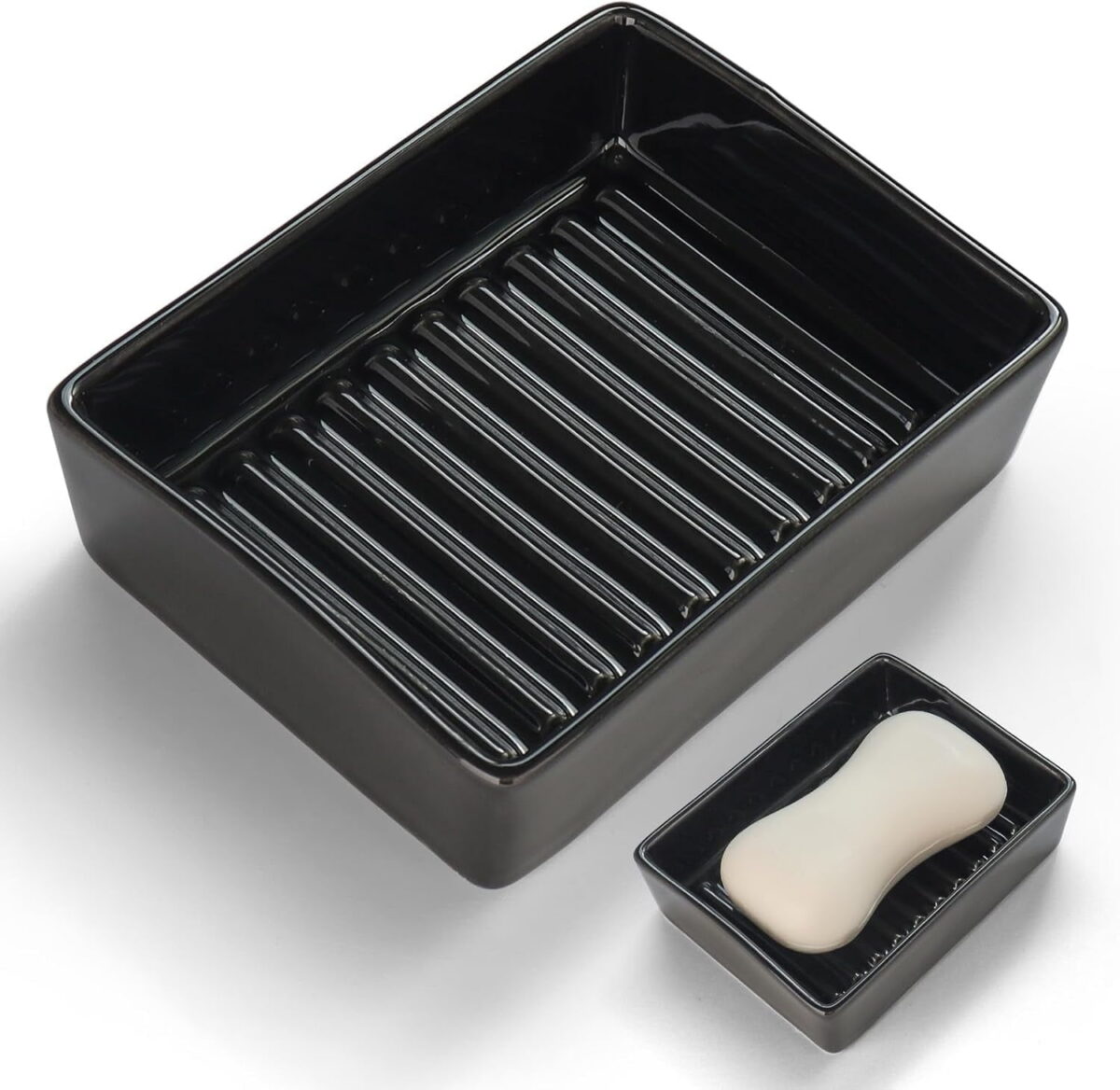 Ceramic Soap Dish, Minimalist Soap Holder with Higher Draining Ridges (Black)