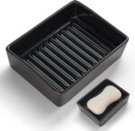Ceramic Soap Dish, Minimalist Soap Holder with Higher Draining Ridges (Black)