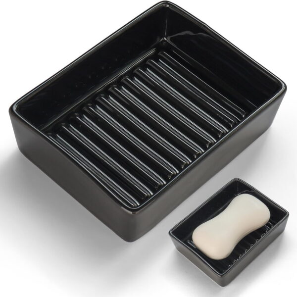 Ceramic Soap Dish, Minimalist Soap Holder with Higher Draining Ridges (Black)