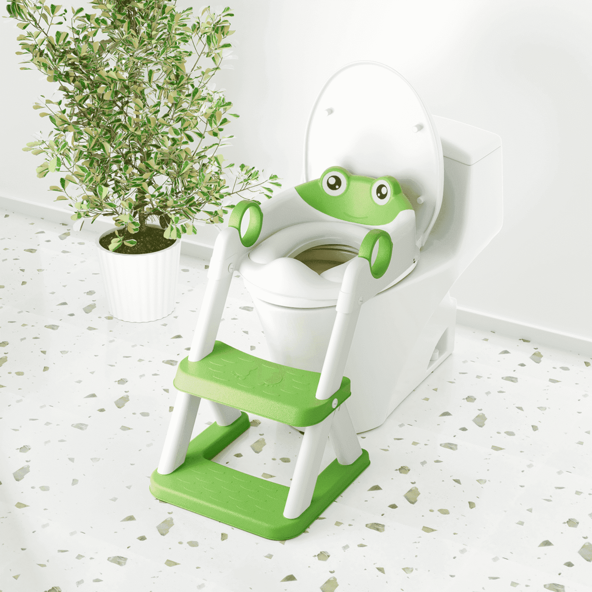 COOSEYA 2 in 1 Potty Training Toilet with Step Stool for Toddlers,Baby Seat with Splash Guard and Anti-Slip Pad (Frog/Green)