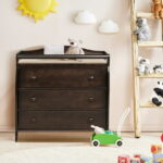 Costway 3 Drawer Baby Changing Table Infant Diaper Changing Station Wood with Safety Belt Brown
