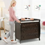 Costway 3 Drawer Baby Changing Table Infant Diaper Changing Station Wood with Safety Belt Brown