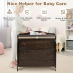 Costway 3 Drawer Baby Changing Table Infant Diaper Changing Station Wood with Safety Belt Brown