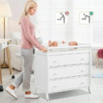 Costway 3 Drawer Baby Changing Table Infant Diaper Changing Station Wood with Safety Belt White