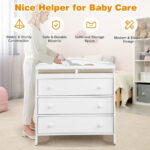 Costway 3 Drawer Baby Changing Table Infant Diaper Changing Station Wood with Safety Belt White