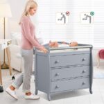 Costway 3 Drawer Baby Changing Table Infant Diaper Changing Station Wood with Safety Belt Grey