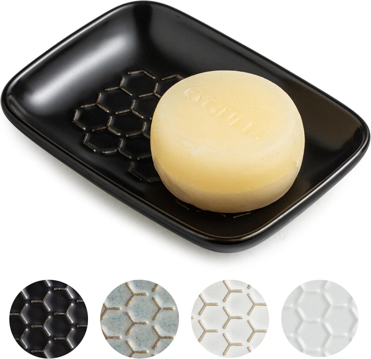 CozyNestFinds Soap Dish for Shower, Bar Soap Holder, Ceramic Soap Dishes for Bar Soap, Sponge Holder Soap Saver Soap Tray for Bathroom Kitchen Sink, 5.5 Inch, Black