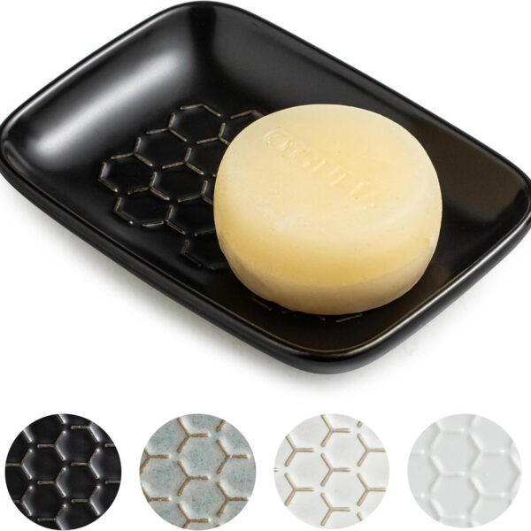CozyNestFinds Soap Dish for Shower, Bar Soap Holder, Ceramic Soap Dishes for Bar Soap, Sponge Holder Soap Saver Soap Tray for Bathroom Kitchen Sink, 5.5 Inch, Black