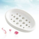 Creative Oval Shape Soap Dish Tray Drain Silicone Soap Box for Shower Bathroom Kitchen (White)