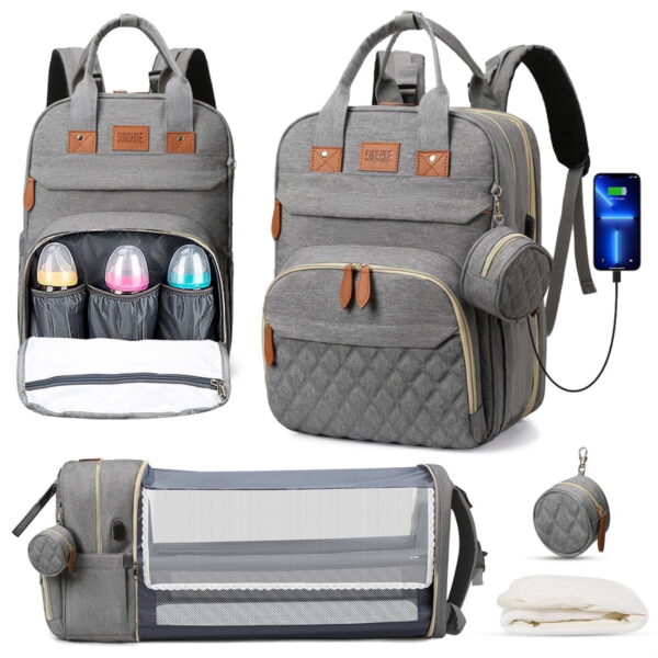 Diaper Bag Backpack, Multifunction Diaper Bag Backpack with Changing Station, USB Charging Port & Foldable Crib, Large Capacity Travel Backpack w/Sunshade&Pacifier Case&Stroller...