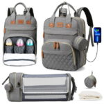 Diaper Bag Backpack, Multifunction Diaper Bag Backpack with Changing Station, USB Charging Port & Foldable Crib, Large Capacity Travel Backpack w/Sunshade&Pacifier Case&Stroller...