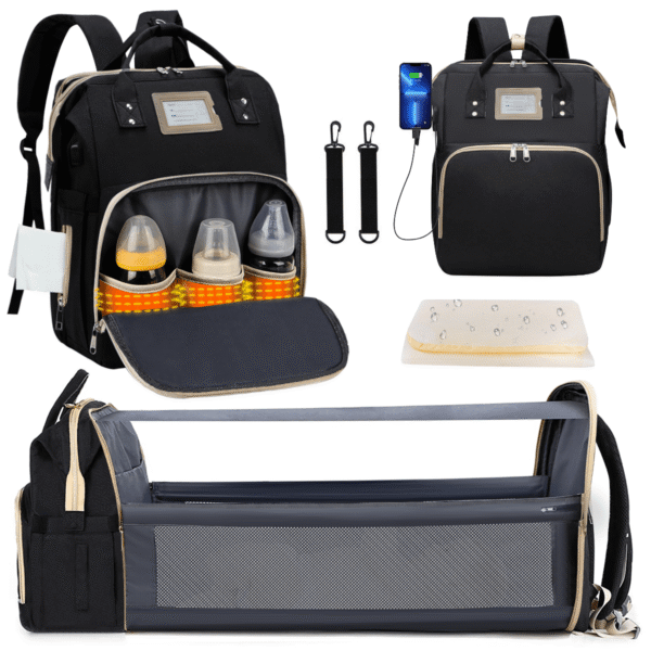 Diaper Bag Backpack, Multifunctional Baby Changing Bag with Foldable Crib & Insulated Milk Bottle Pocket, Large Capacity Travel Backpack with USB Charging Port & Stroller Strap...