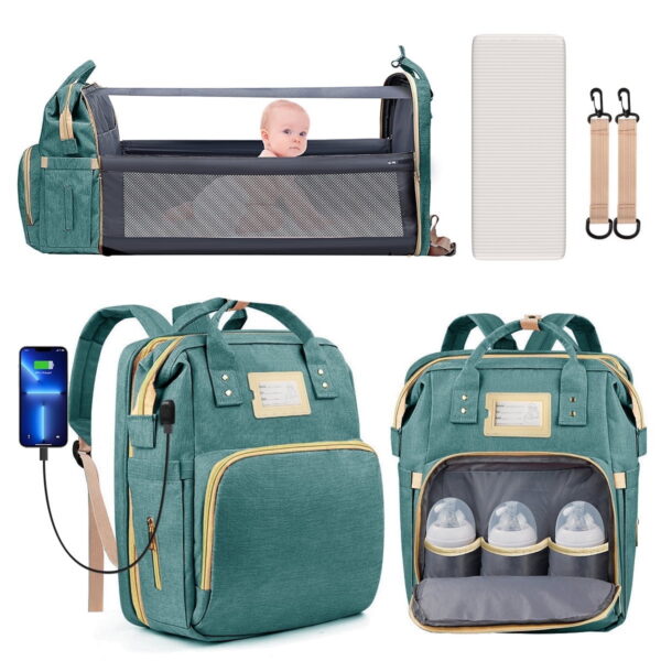 Diaper Bag Backpack, Multifunctional Baby Changing Bag with Foldable Crib & Insulated Milk Bottle Pocket, Large Capacity Travel Backpack with USB Charging Port & Stroller Strap...