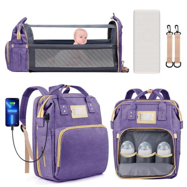 Diaper Bag Backpack, Multifunctional Baby Changing Bag with Foldable Crib & Insulated Milk Bottle Pocket, Large Capacity Travel Backpack with USB Charging Port & Stroller Strap...