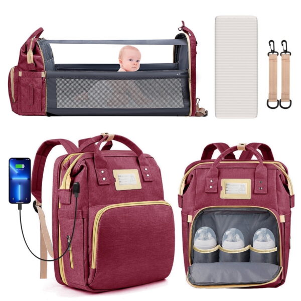 Diaper Bag Backpack, Multifunctional Baby Changing Bag with Foldable Crib & Insulated Milk Bottle Pocket, Large Capacity Travel Backpack with USB Charging Port & Stroller Strap...