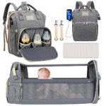 Diaper Bag Backpack, Multifunctional Baby Changing Bag with Foldable Crib & Insulated Milk Bottle Pocket, Large Capacity Travel Backpack with USB Charging Port & Stroller Strap...