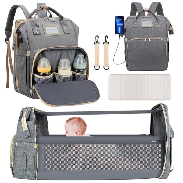 Diaper Bag Backpack, Multifunctional Baby Changing Bag with Foldable Crib & Insulated Milk Bottle Pocket, Large Capacity Travel Backpack with USB Charging Port & Stroller Strap...