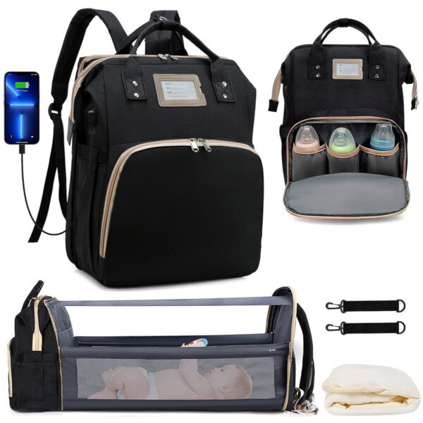 Diaper Bag Backpack, Multifunctional Baby Changing Bag with Foldable Crib & Insulated Milk Bottle Pocket, Large Capacity Travel Backpack with USB Charging Port & Stroller Strap...