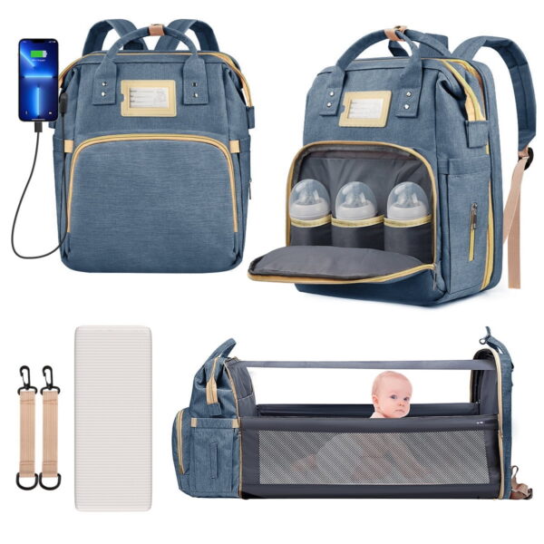 Diaper Bag Backpack, Multifunctional Baby Changing Bag with Foldable Crib & Insulated Milk Bottle Pocket, Large Capacity Travel Backpack with USB Charging Port & Stroller Strap...