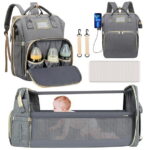 Diaper Bag Backpack, Multifunctional Baby Changing Bag with Foldable Crib & Insulated Milk Bottle Pocket, Large Capacity Travel Backpack with USB Charging Port & Stroller Strap...