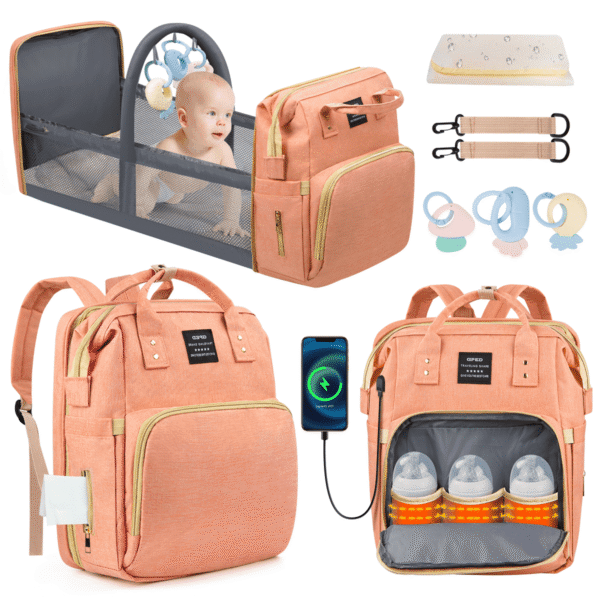 Diaper Bag Backpack, Multifunctional Baby Diaper Bags with Foldable Crib & Changing Station,Large Capacity Portable Travel Back Pack W/ USB Charging Port & Stroller Strap, Baby...