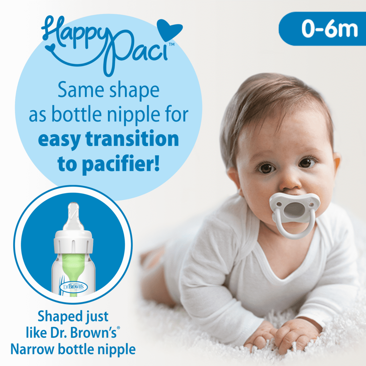 Dr. Brown's Happy Paci 100% Silicone Baby Pacifier, Age 0-6 Months, Blue, BPA Free, 3 Pack
